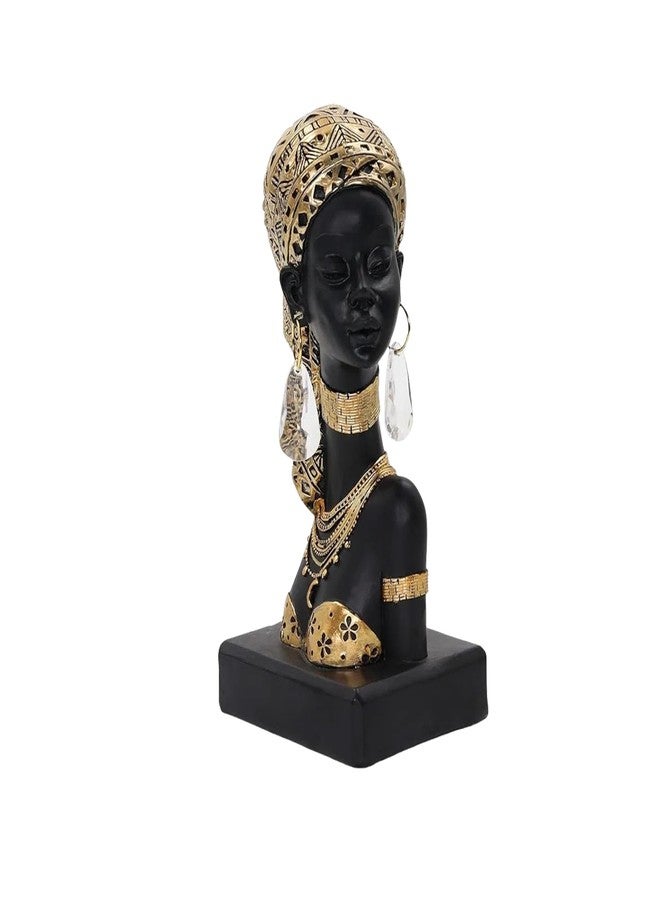 Dwelloria African Woman Resin Bust Sculpture with Crystal Earrings - Tribal Lady Figurine in Gold Headdress for Home Decor, Black and Gold Accent Statue for Shelf, Table, Office, Gift for Women - Image 1